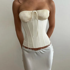 White Smocked Tied Tube Corset Top