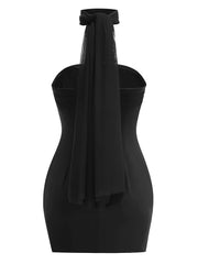 Strapless Folds Mini Dress With Mesh Scarf