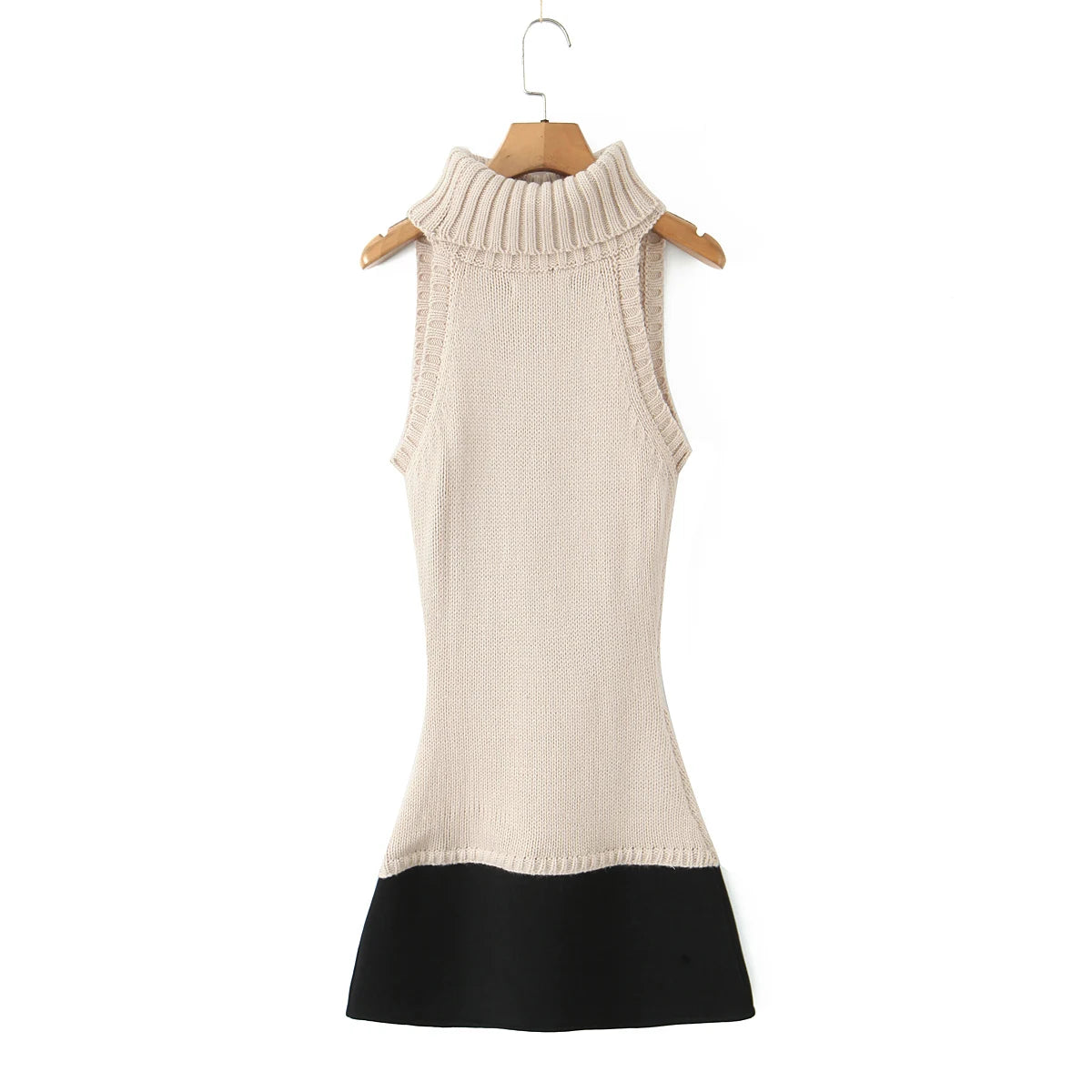 Beige sleeveless dress with black hem on a wooden hanger against a white background