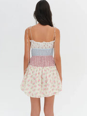 Floral Printed Patchwork Ruched Tie Up Strap Mini Dress
