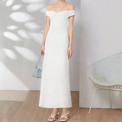 Dotted Off Shoulder Wrap Around Open Back Long Dress
