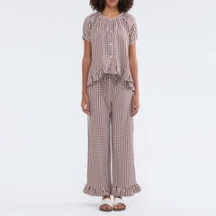 Plaid Puff Sleeve Shirt And Pj Pants Set