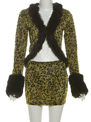 Leopard Print Furry Patchwork Full Sleeve Tops And Mini Skirts Set