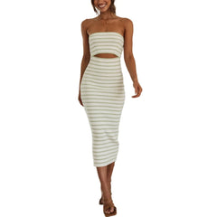 Strapless Striped Cutout Knitted Long Dress