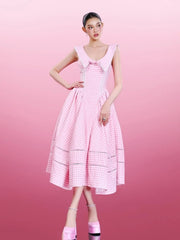 Plaid Collar Back Tie Up Midi Dress