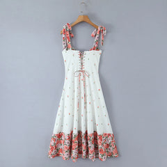 White Printed Patchwork Tie-Up Maxi Dress - Vintage Fit & Flare