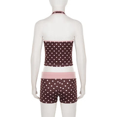 Brown Polka Dot Halter Crop Top And Drawstring Shorts Set