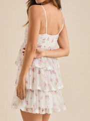 Tiered Ruffle Floral Print Spaghetti Strap Short Dress