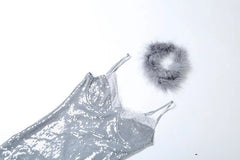 Silver Sequin Spaghetti Strap Fur Chocker Bodycon Mini Dress