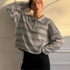 Grey Stripe Lapel Collar Long Sleeve Knit Top