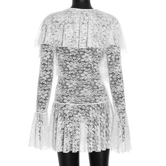 Lace Deep V-NeckLong Flare Sleeve Sheer Mini Dress