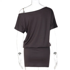 Button Applique Diagonal Collar Short Sleeve T-shirt Dress