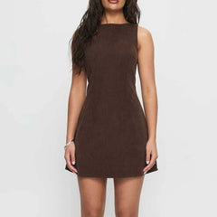 Brown Boat Neck Sleeveless with Bow Tied Belted Back Mini Dress