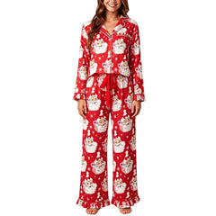 Satin Christmas Ruffle Trim Long Sleeve Shirt And Pants Pajama Set