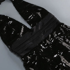 Black Sequin Halter V-Neck Pleated Satin Patchwork Maxi Dress
