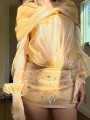 Yellow Diamonds Off-shoulder Long Sleeve Sheer Mini Dress