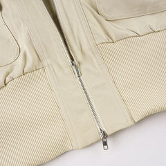Ribbed Zippered Pocket Long Sleeve Short Panelled Jacket