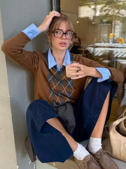 Turn-down Collar Knitted Diamond Loose Sweater