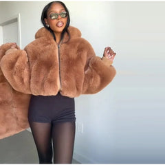 Faux Fur Zipper Hooded Jacket