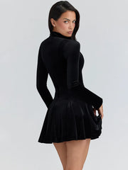 Black Velvet High Neck Cut Out Long Sleeve Mini Dress
