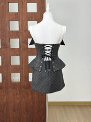 Grey Stripe Patchwork Buttons Lace-up Top And Mini Skirt Set