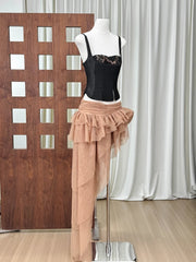 Fishbone Lace-Up Top And Mesh Asymmetrical Skirt Two-Piece Set