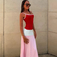 Contrast Color Strappy Solid Midi Dress