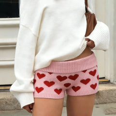 Heart Print Knitted Elastic Waist Shorts