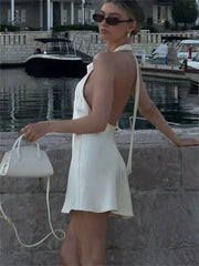 White Backless Lace-Up Satin Mini Dress