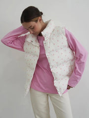 Floral Open Stitch Printed Puffer Vest