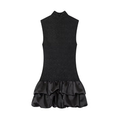 Black Lace High Neck Sleeveless Satin Puff Hem Mini Dress