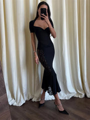 Side Lace Patchwork Black Short Sleeve Maxi Dress
