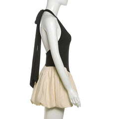 Patchwork Puff Halterneck Black Satin Mini Dress