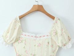 Floral Puff Sleeve Lace Trim Ruffle Hem Maxi Dress