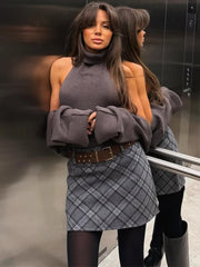 Ribbed Knit Turtleneck Cutout Shoulder Vest Long-Sleeved Shawl 2-Piece Set Top