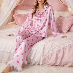 Polka Dot Satin Feather Cuff Shirt And Long Trousers Set