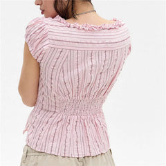 Ruffle V-Neck Short Sleeve Stripes Print Blouse