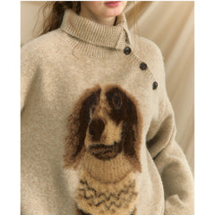Dog Jacquard Knitted Button-Up Lapel Sweater