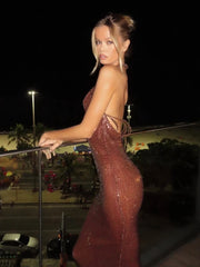 Brown Sequin Halter Maxi Dress