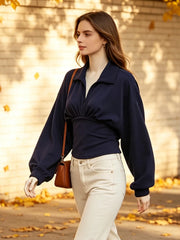 Blue Snitched Waist Turn-Down Collar Full Sleeve Top