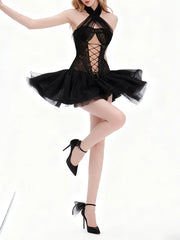 Black Lace Up Corset Mesh Tie Up Flare Mini Dress