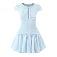 Blue Gingham Smocked Tie Front Keyhole Puff Sleeve Mini Dress