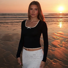 Lace Trim Solid Long Sleeve Top