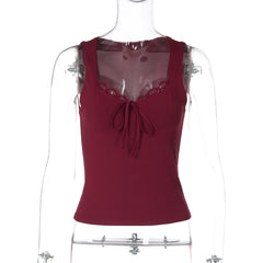 Lace-up Bow Lace Trim Tank Top