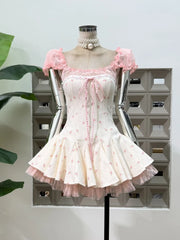 Square Collar Mesh Puff Short Sleeve Bow A-line Mini Dress