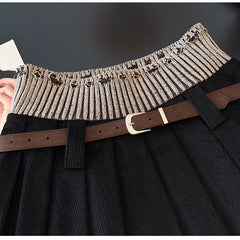 Patchwork Corduroy Pleated Mini Skirt with Belt