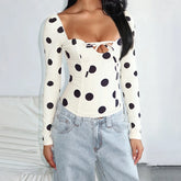 White Polka Dot Tie-up Front Long Sleeve Top