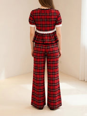 Plaid Short Sleeve Square Neck Top with Elastic Waist Wide Leg Pants Set