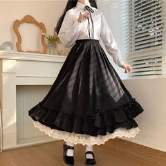 Women's ruffles lace trim bow maxi skirt in black or white.