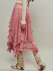 Lace Ruffle Sheer Asymmetrical Hemline Midi Skirt